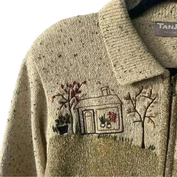 TANJAY Grannycore Cardigan Embroidered Lady Walking Dog Size Petite Medium - Picture 5 of 9